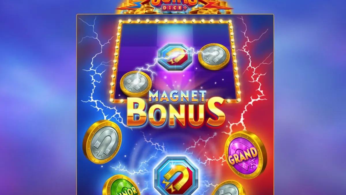 Tampilan visual slot Magnetic Coins Dice dengan simbol berkilau dan efek magnetik