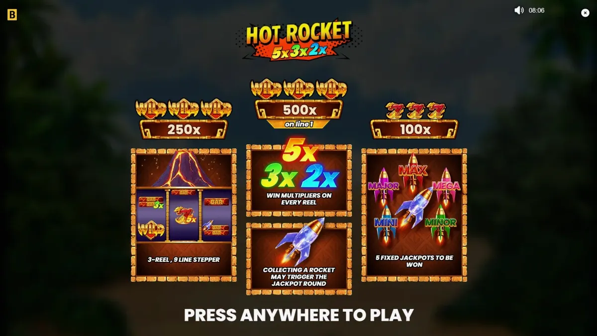 Tampilan visual slot Hot Rocket 5x 3x 2x dengan tema gunung berapi dan simbol klasik