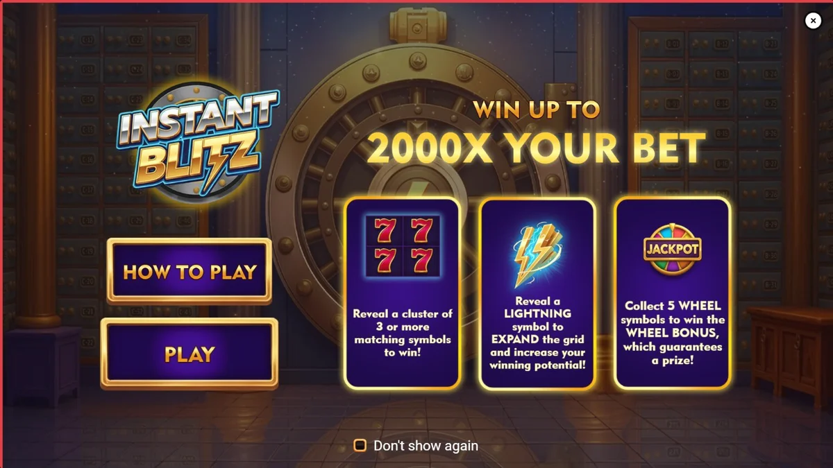Tampilan visual slot Instant Blitz dengan tema brankas neon dan grid cluster pays.